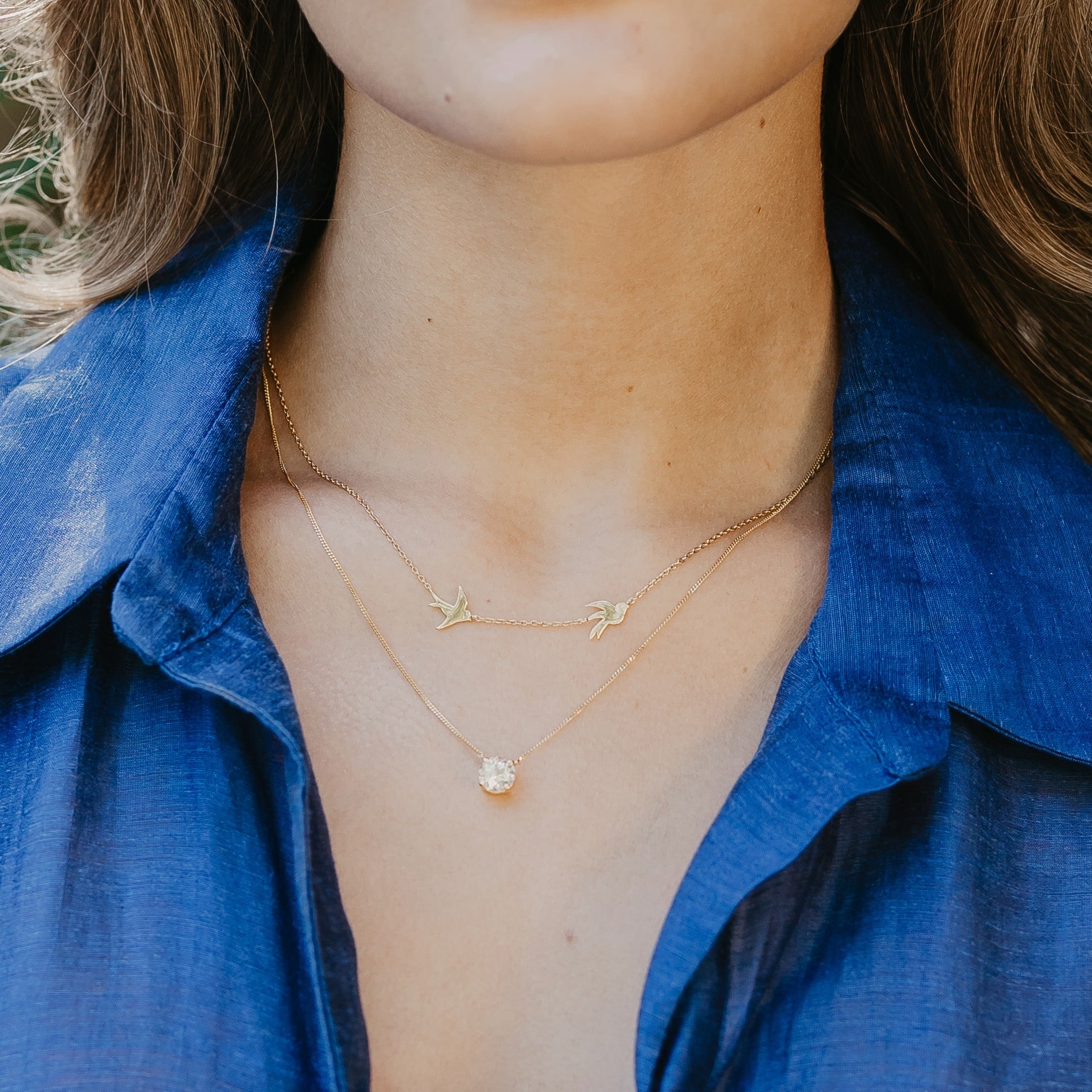 Swallow necklace in gold vermeil worn on neck