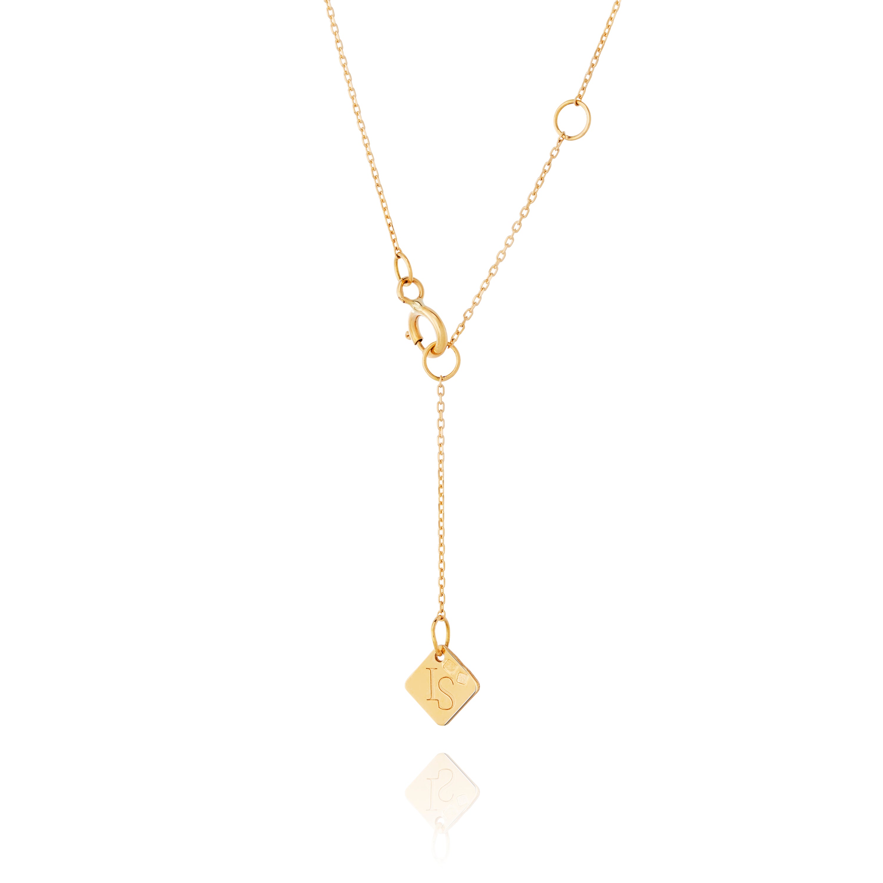 Close-up of water lily necklace showing Inês Santos logo detail and clasp