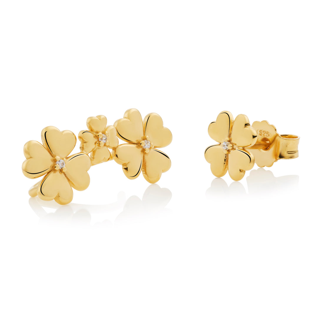 Origins collection clover leaf stud and ear climber set with white topaz in 18K gold vermeil
