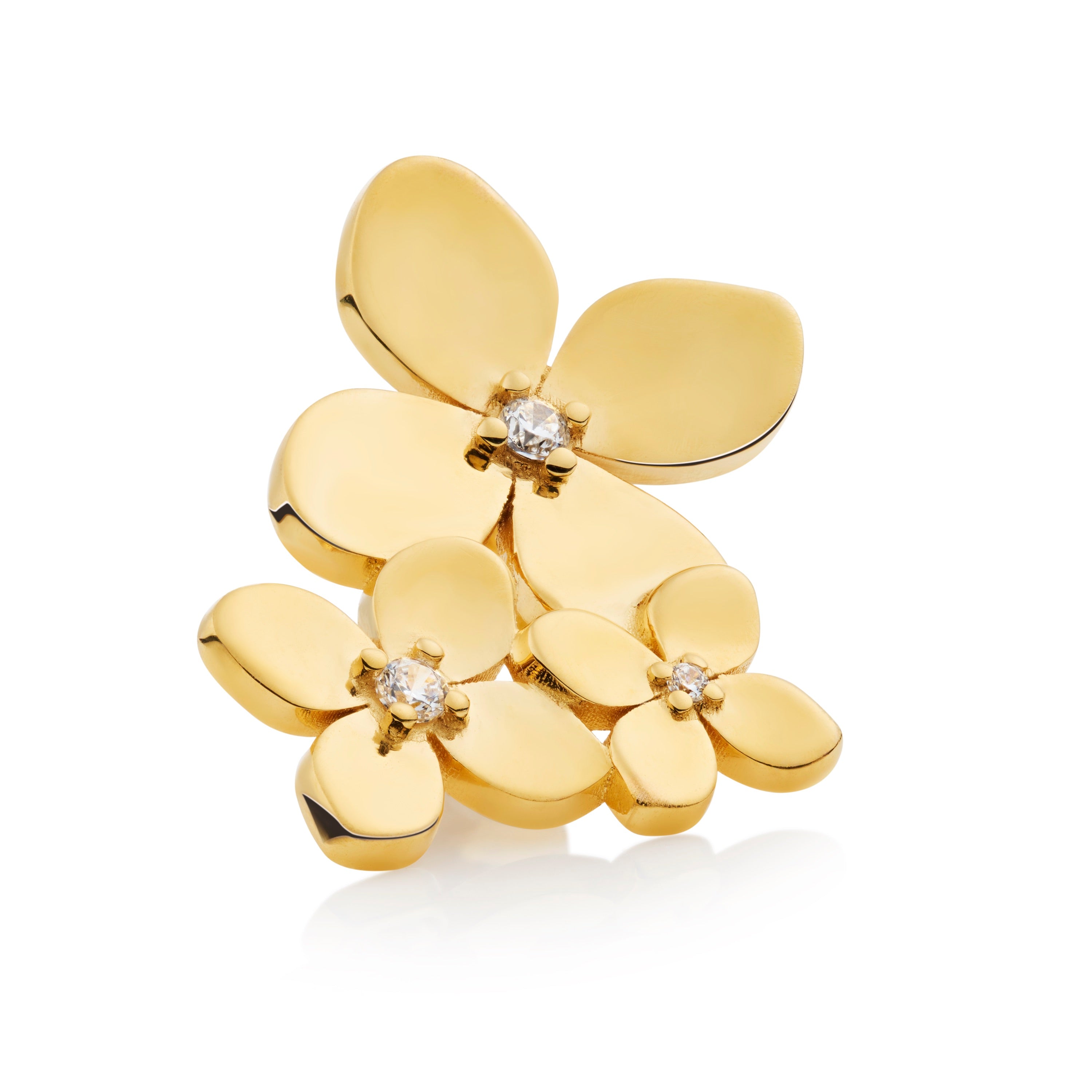 Close-up of one Bloom trio earring showing three layered hydrangea petals with topaz details