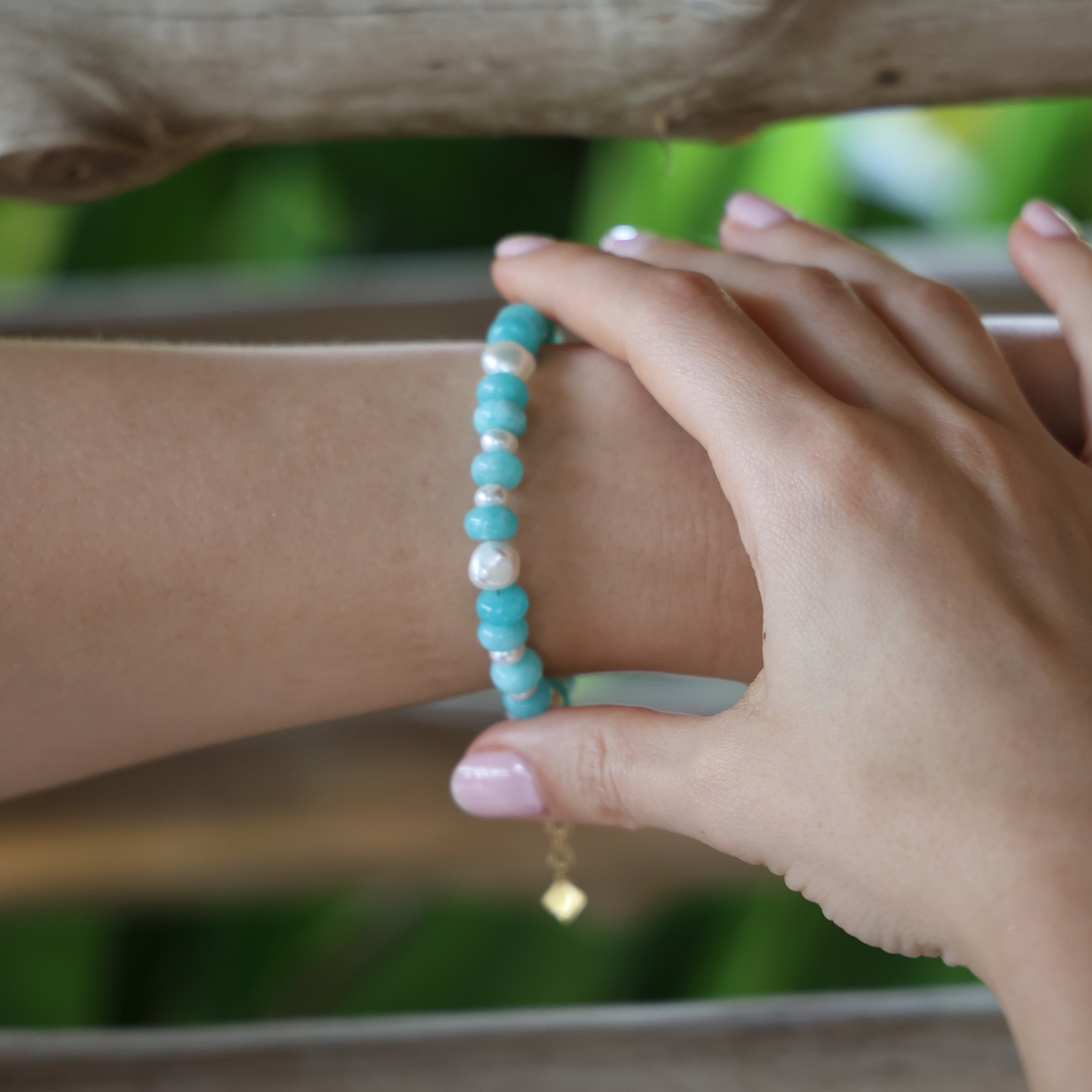 Inês Santos Jewellery - gemstone jewelry - 18K Gold Vermeil Amazonite and Fresh Water Pearl Beaded Necklace 2