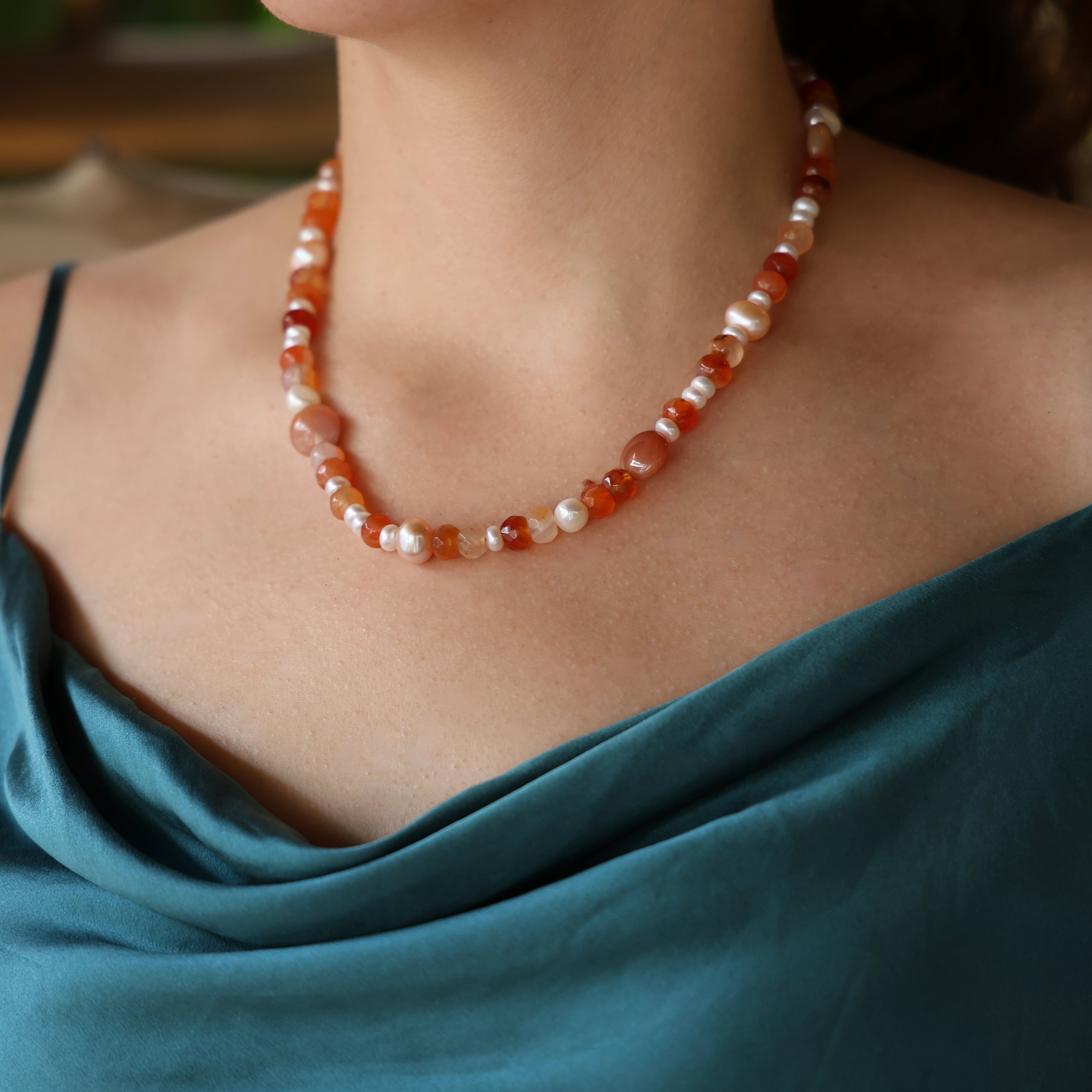Inês Santos Jewellery - gemstone jewelry - 18K Gold Vermeil Orange Moonstone and Fresh Water Pearl Beaded Necklace