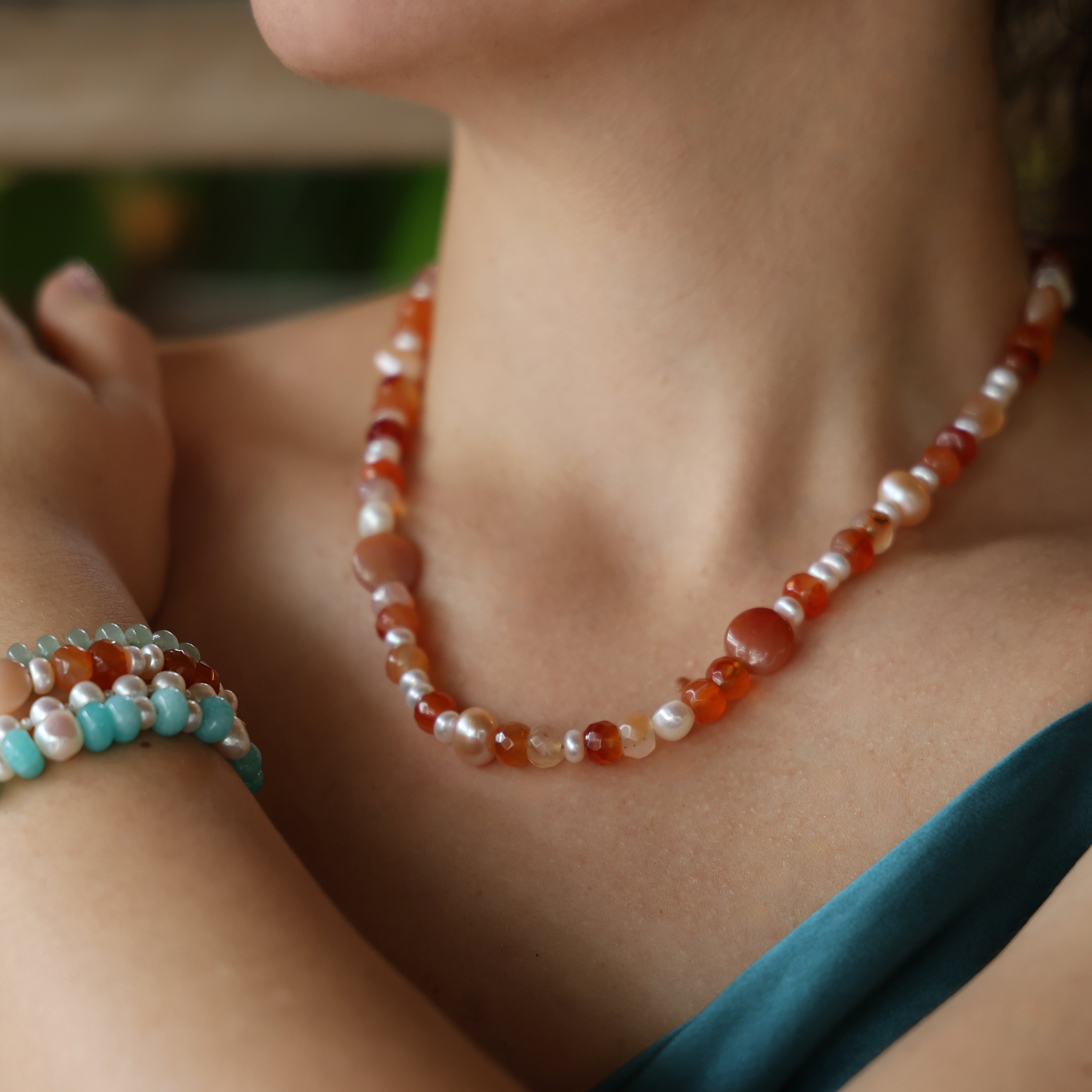 Inês Santos Jewellery - gemstone jewelry - 18K Gold Vermeil Orange Moonstone and Fresh Water Pearl Beaded Necklace