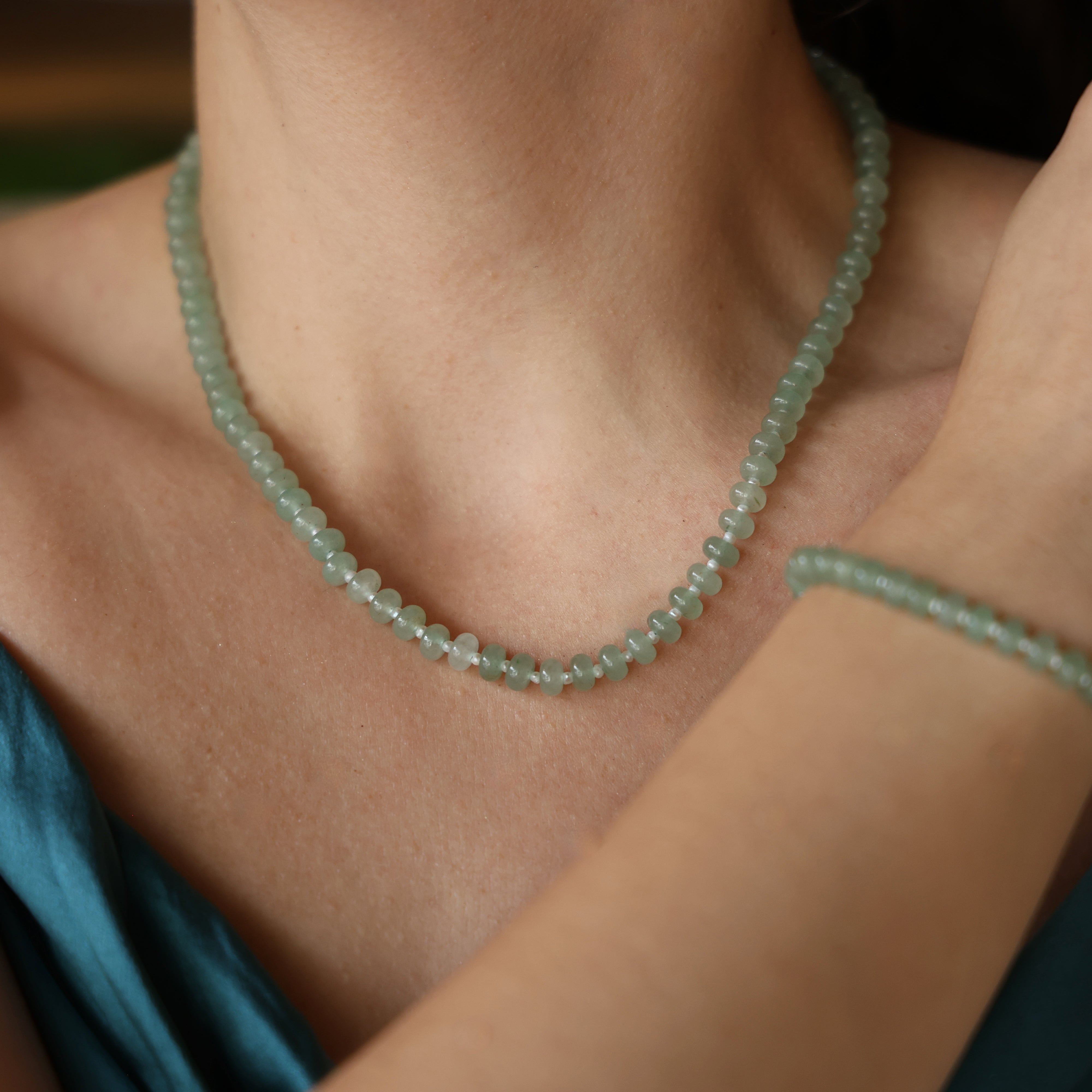 Inês Santos Jewellery - gemstone jewelry - 18K Gold Vermeil Green Aventurine and Fresh Water Pearl Beaded Necklace