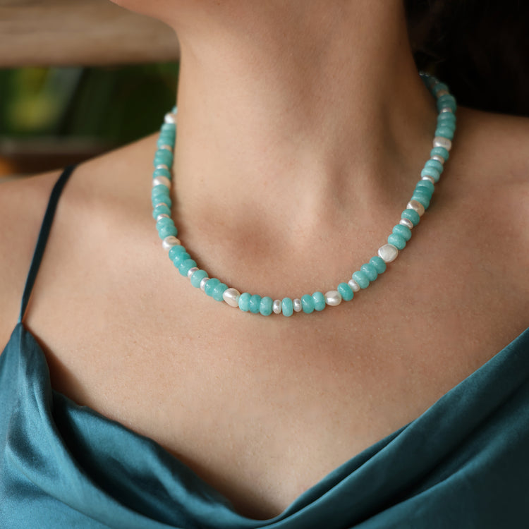 Inês Santos Jewellery - gemstone jewelry - 18K Gold Vermeil Amazonite and Fresh Water Pearl Beaded Necklace