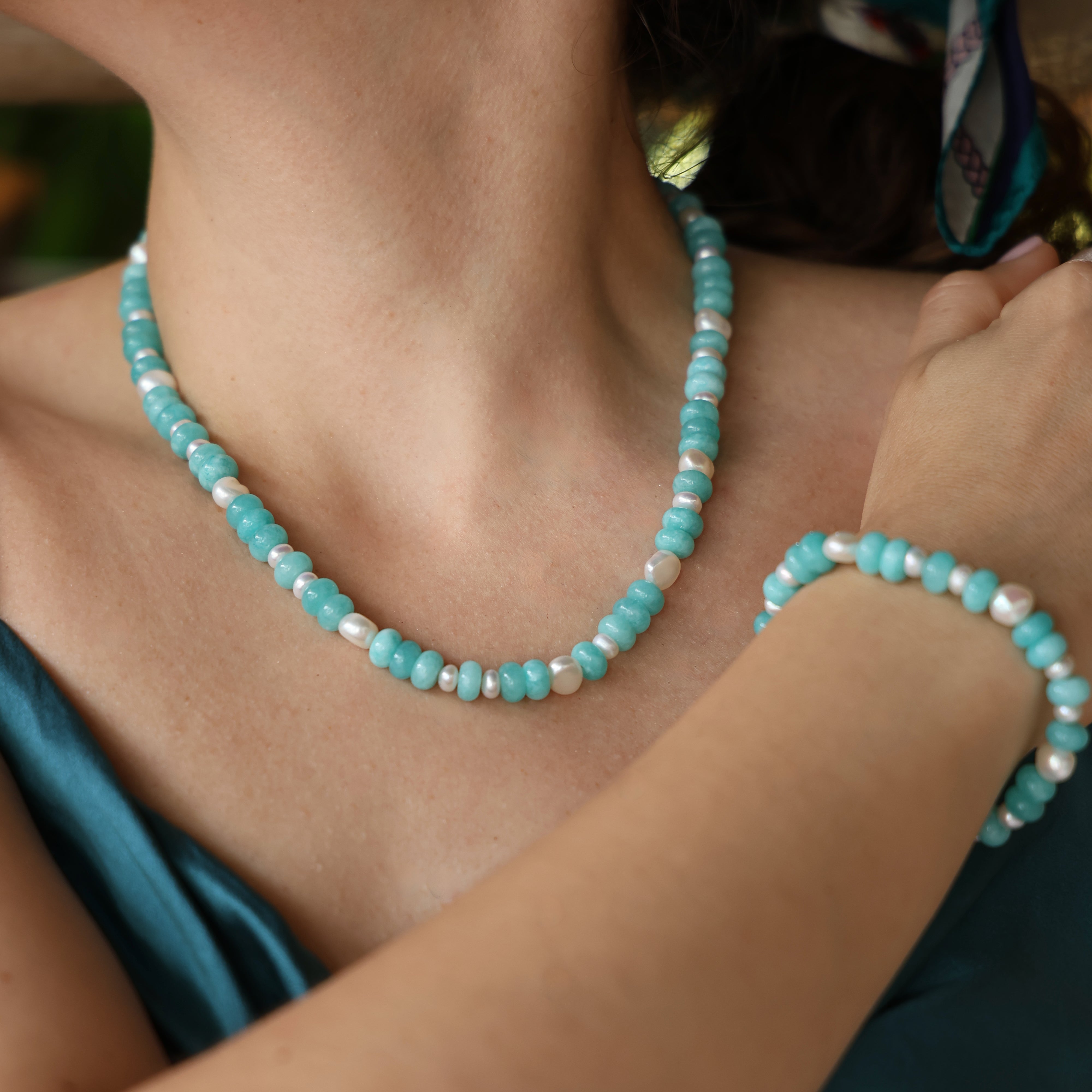 Inês Santos Jewellery - gemstone jewelry - 18K Gold Vermeil Amazonite and Fresh Water Pearl Beaded Necklace