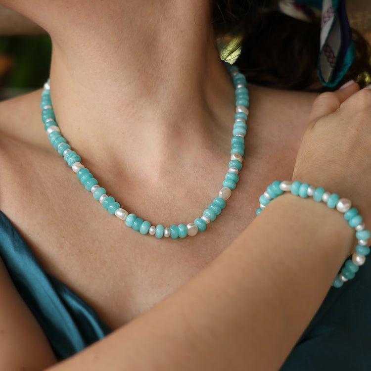 Inês Santos Jewellery - gemstone jewelry - 18K Gold Vermeil Amazonite and Fresh Water Pearl Beaded Necklace