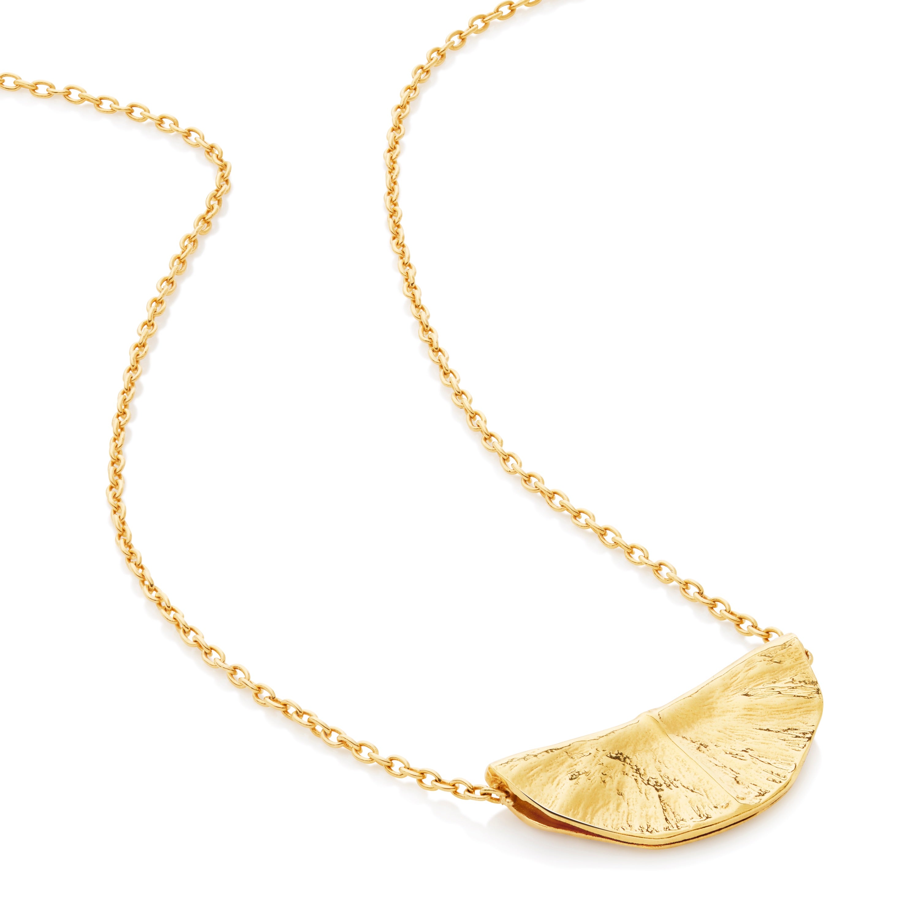 Gold vermeil necklace with a waterlily folded pendant on a white background displayed from the side