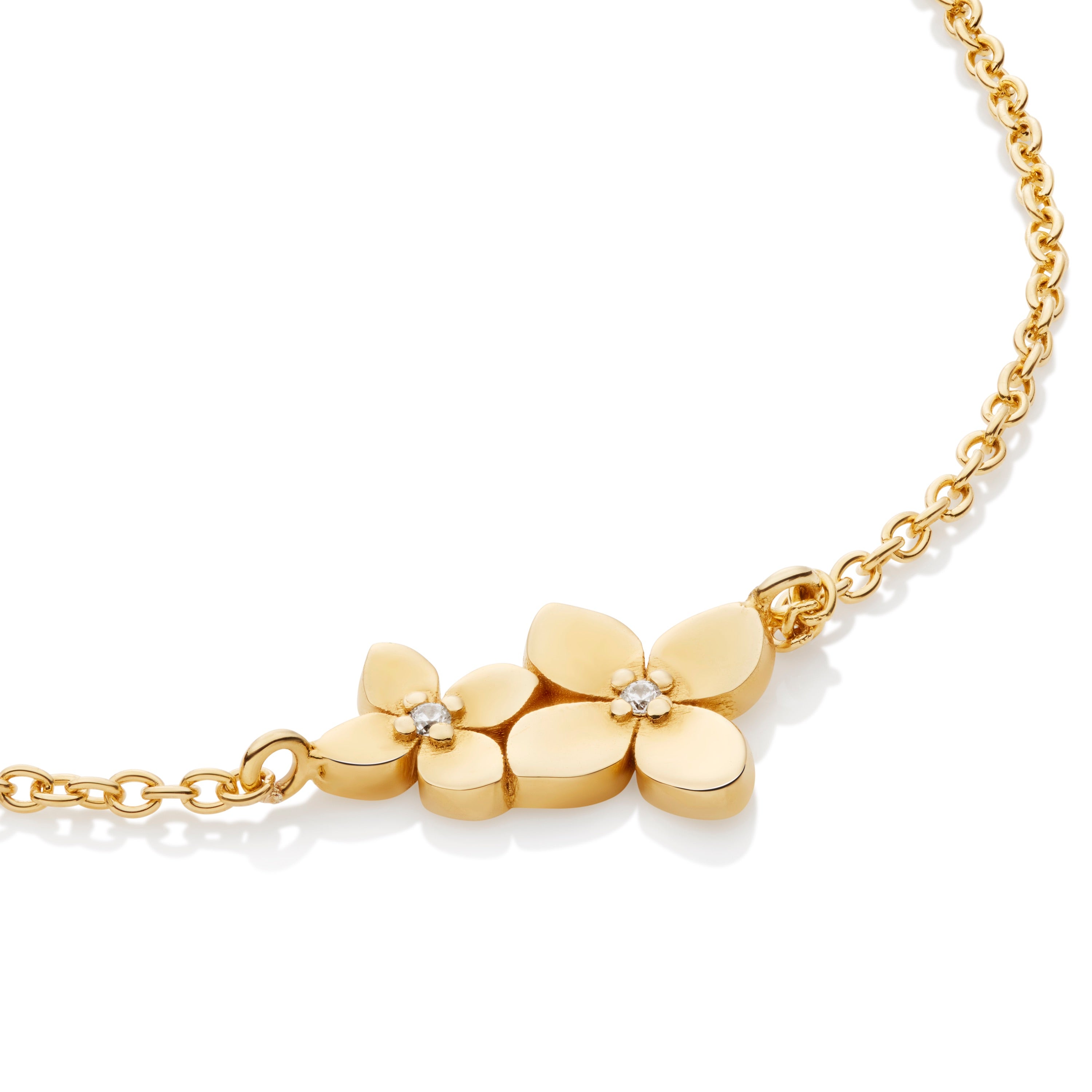 Close-up of Bloom bracelet showing large and small hydrangea flowers with petal details