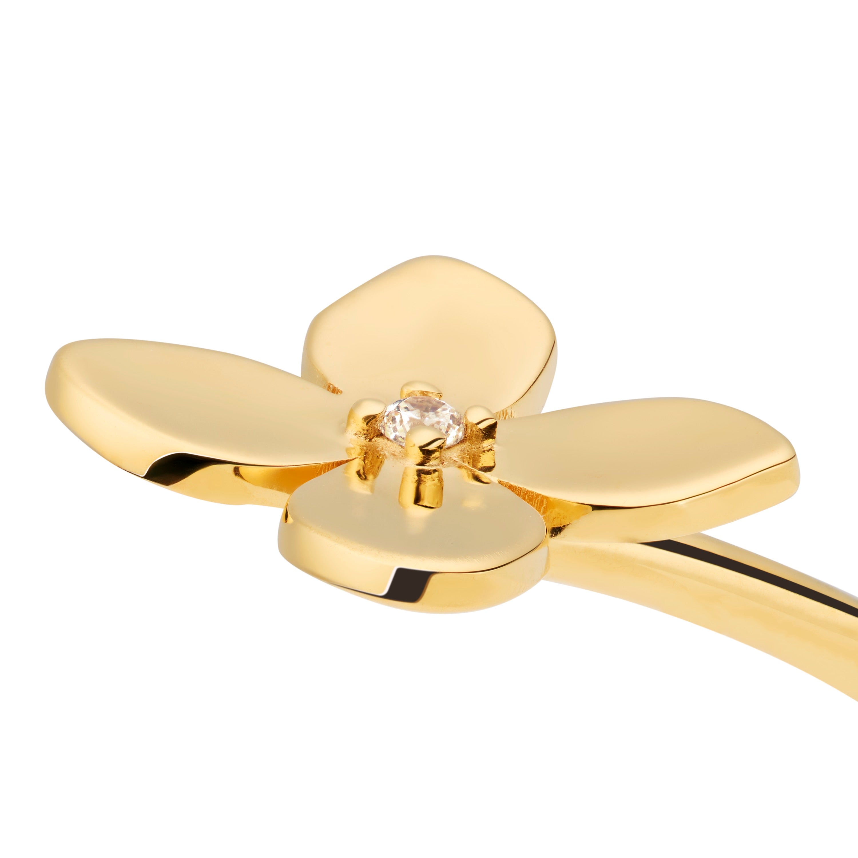 Close-up of Bloom cuff showing large hydrangea petal with white topaz center detail