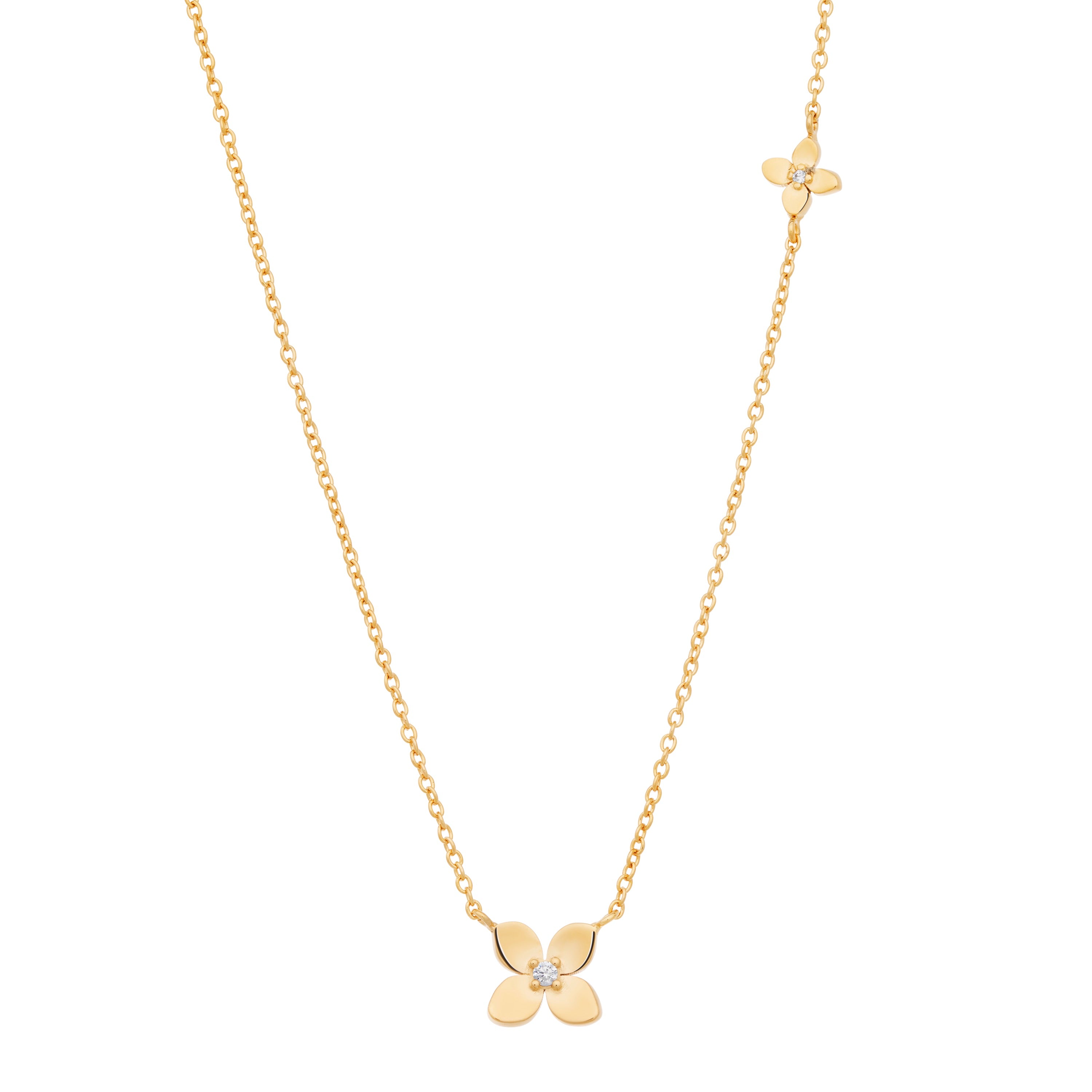 Close-up of Bloom necklace showing detailed petal design and white topaz center