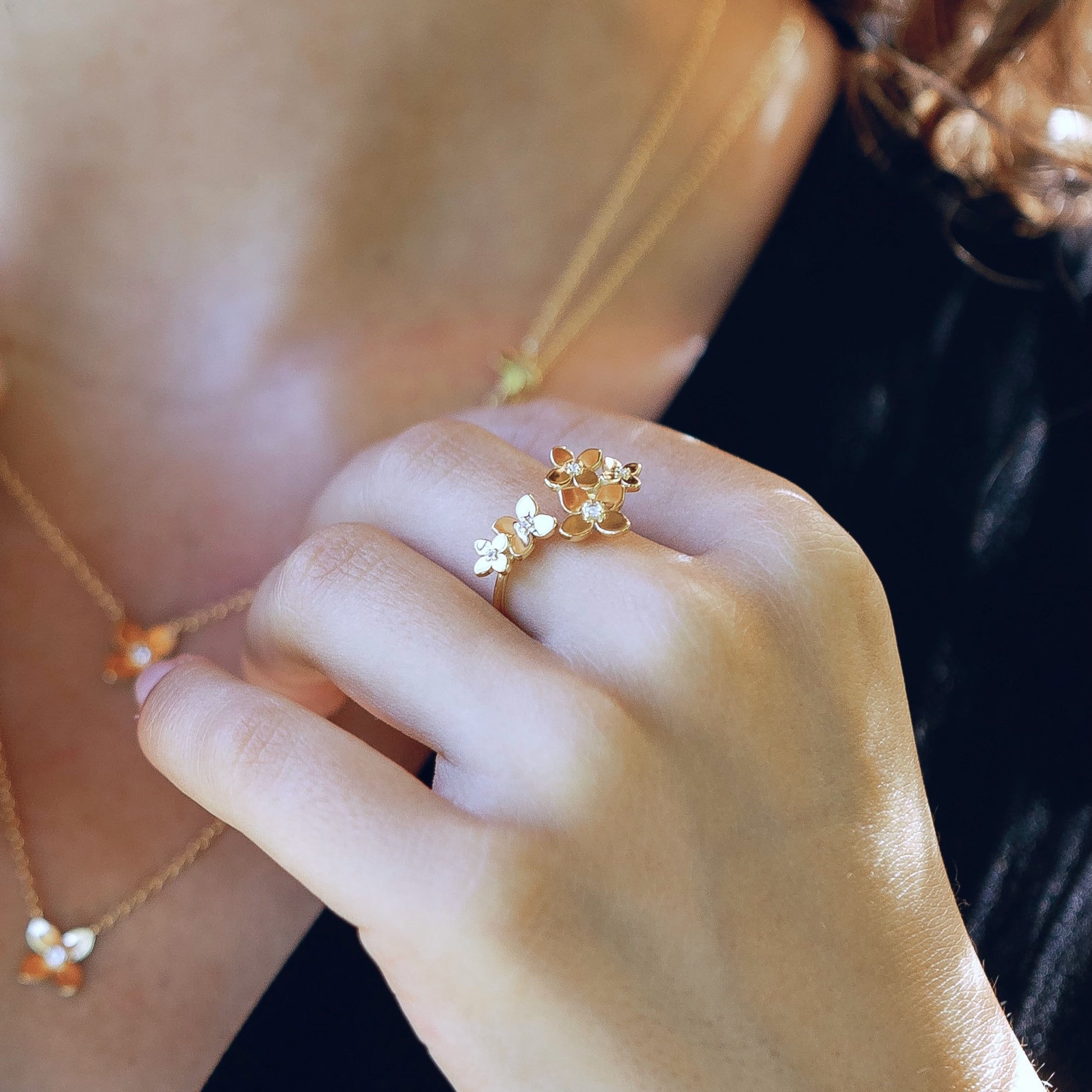 Bloom hydrangea ring in gold vermeil worn on finger