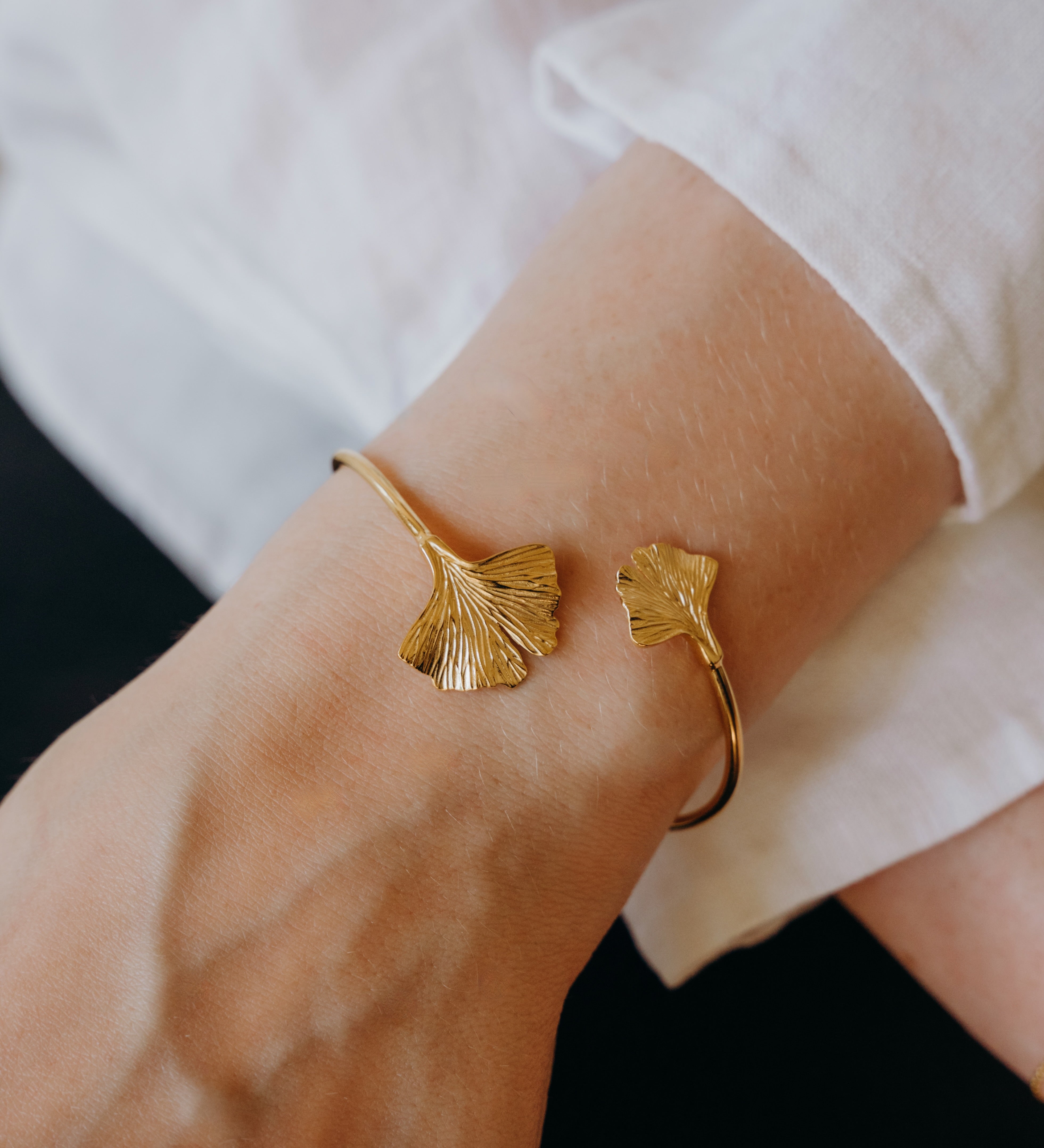 Ginkgo collection leaf bracelet styled showing delicate fan-shaped design