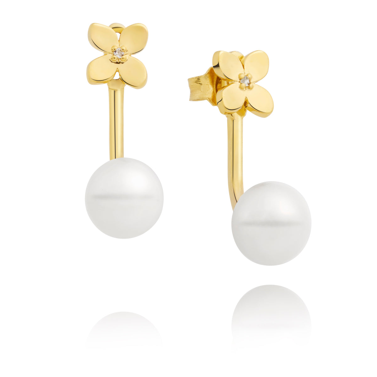 Gold Vermeil earrings with floral designs and pearls on a white background