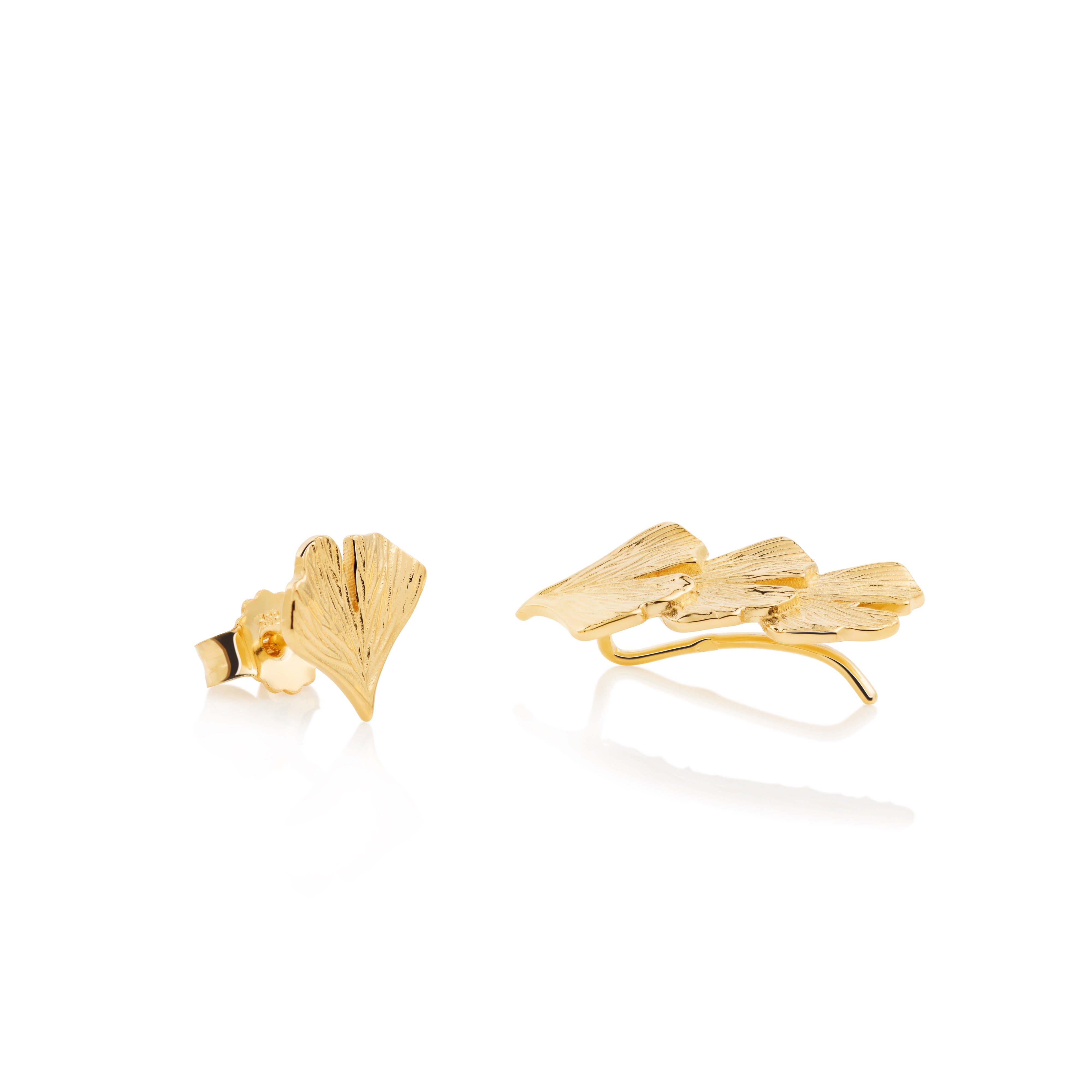 Close-up of Ginkgo earrings showing fan-shaped leaf texture and detail