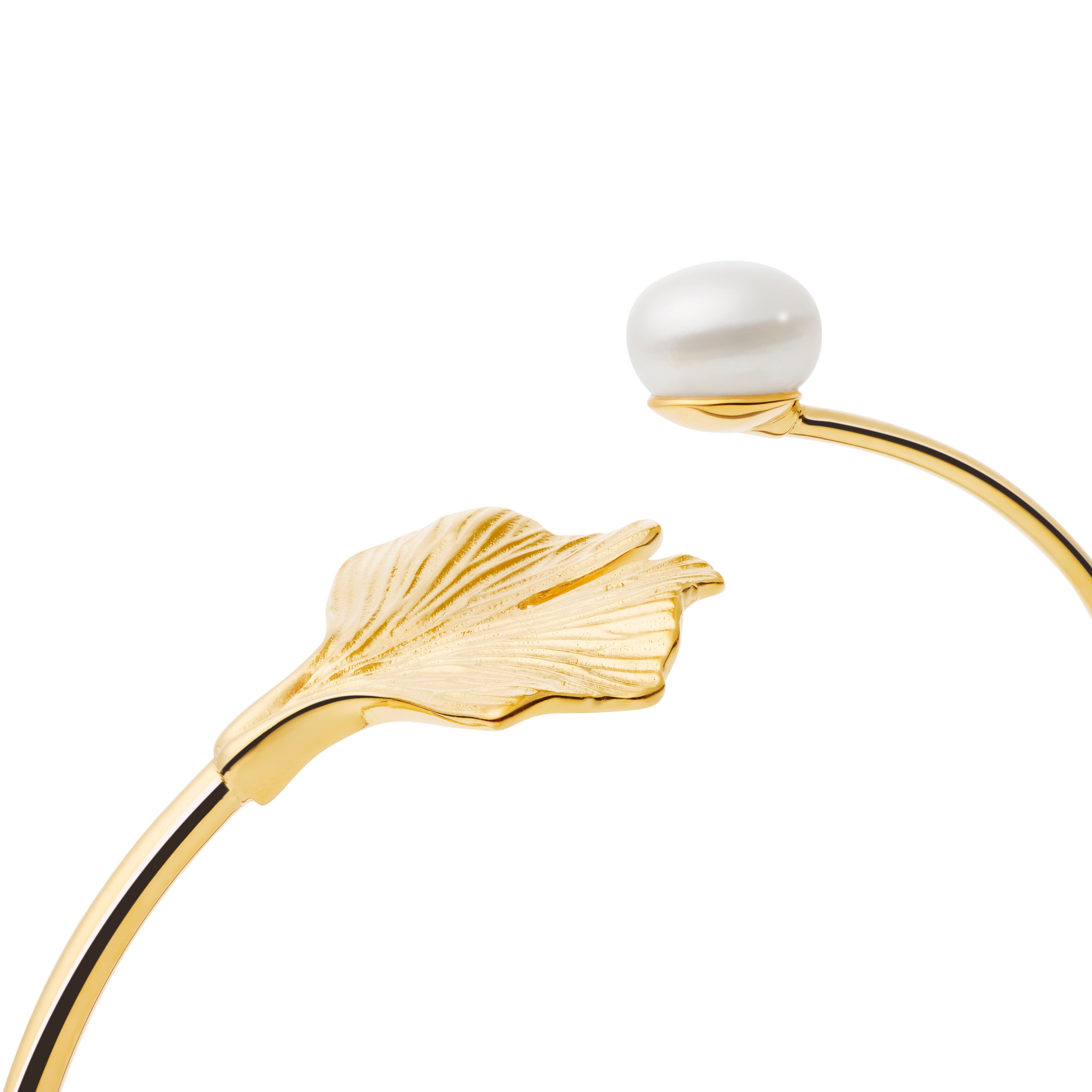Close-up of Ginkgo and pearl bracelet showing leaf texture and lustrous pearl detail