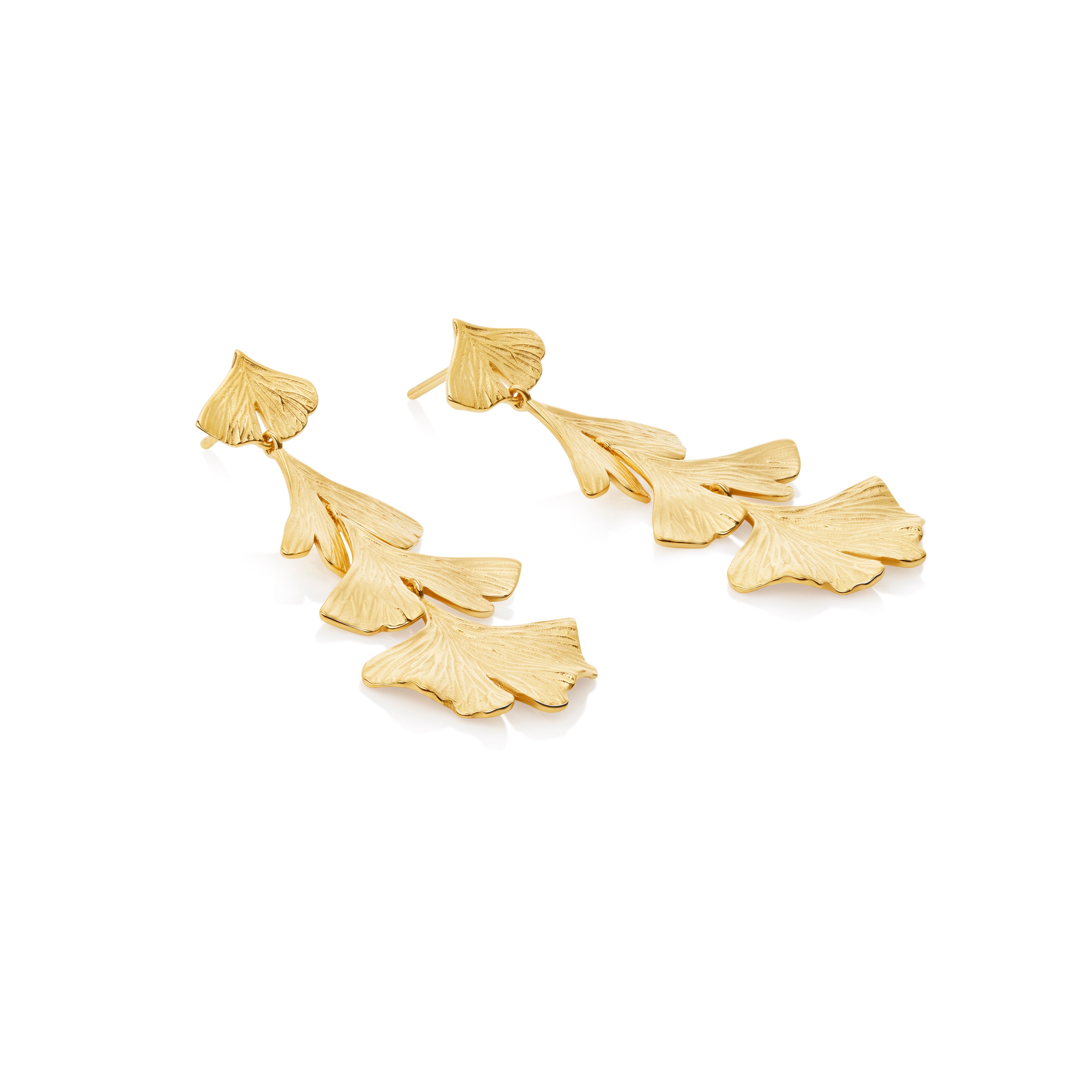 Close-up of Ginkgo long earrings showing detailed fan-shaped leaves