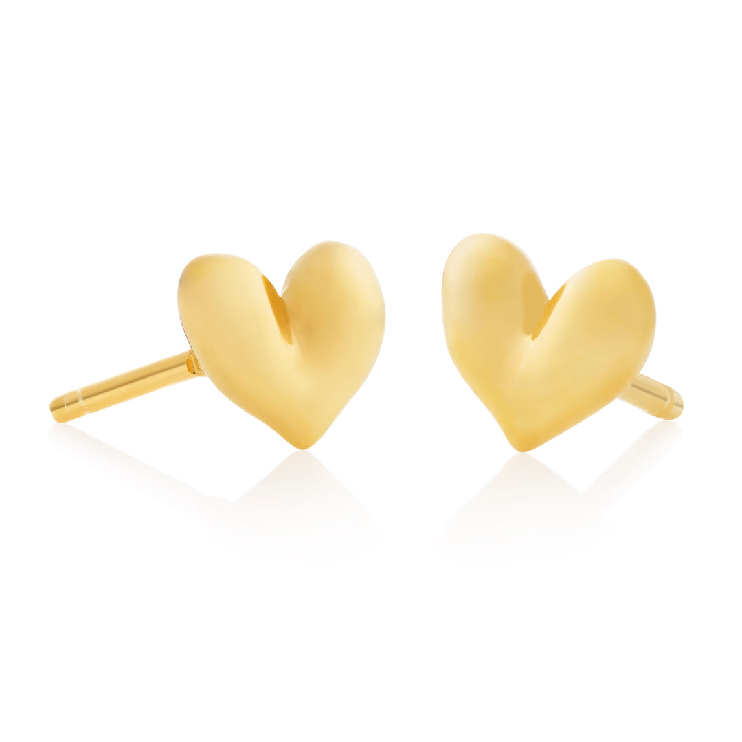 Velvet Heart Studs in 18K gold vermeil, pair of polished heart stud earrings on white background, Inês Santos Jewellery
