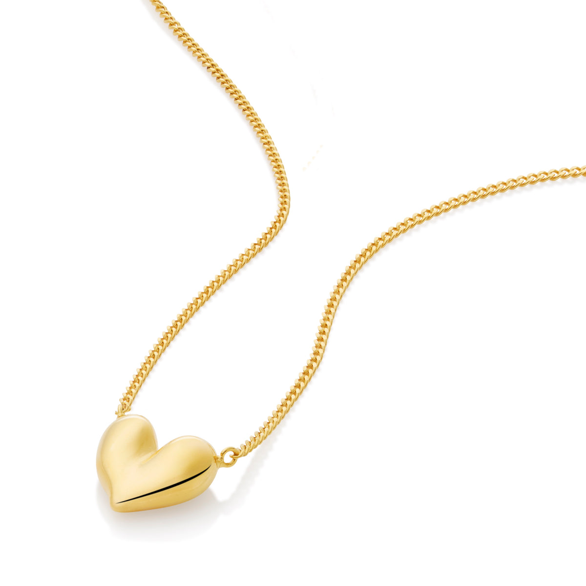 Gold vermeil heart-shaped pendant on a delicate chain against a white background