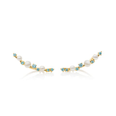Pearl Obsession ear climbers with blue topaz and pearls in 18K gold vermeil