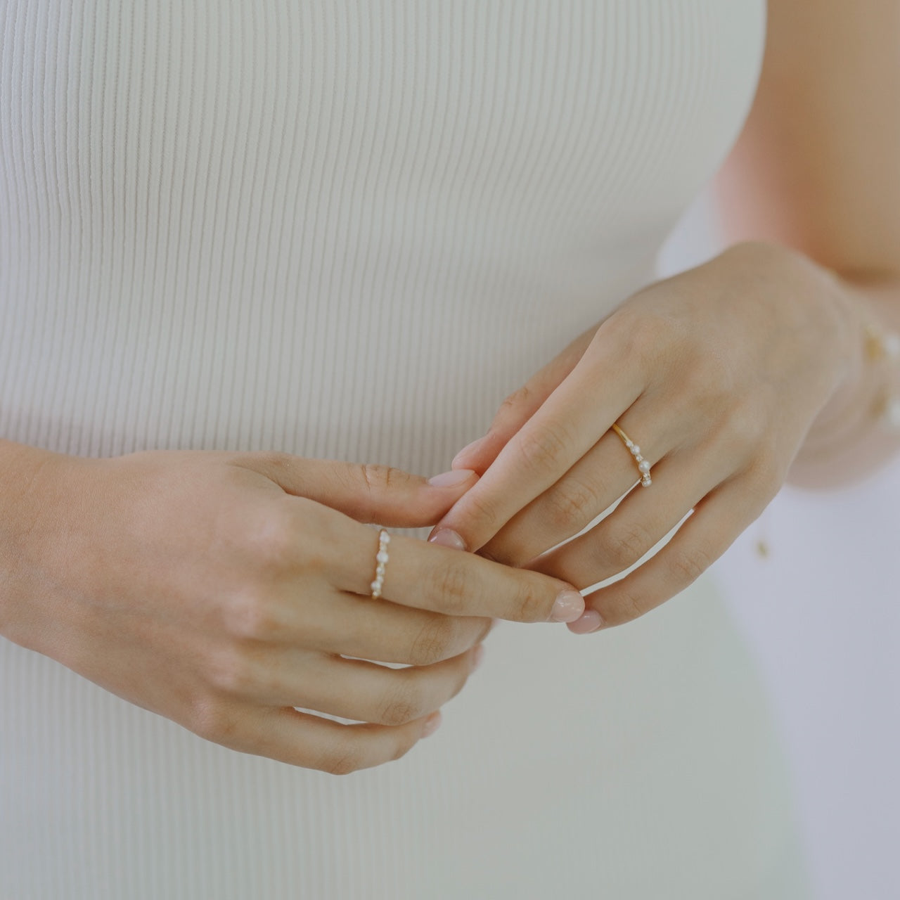 Pearl Obsession ring styled showing pearl and sparkling white topaz combination