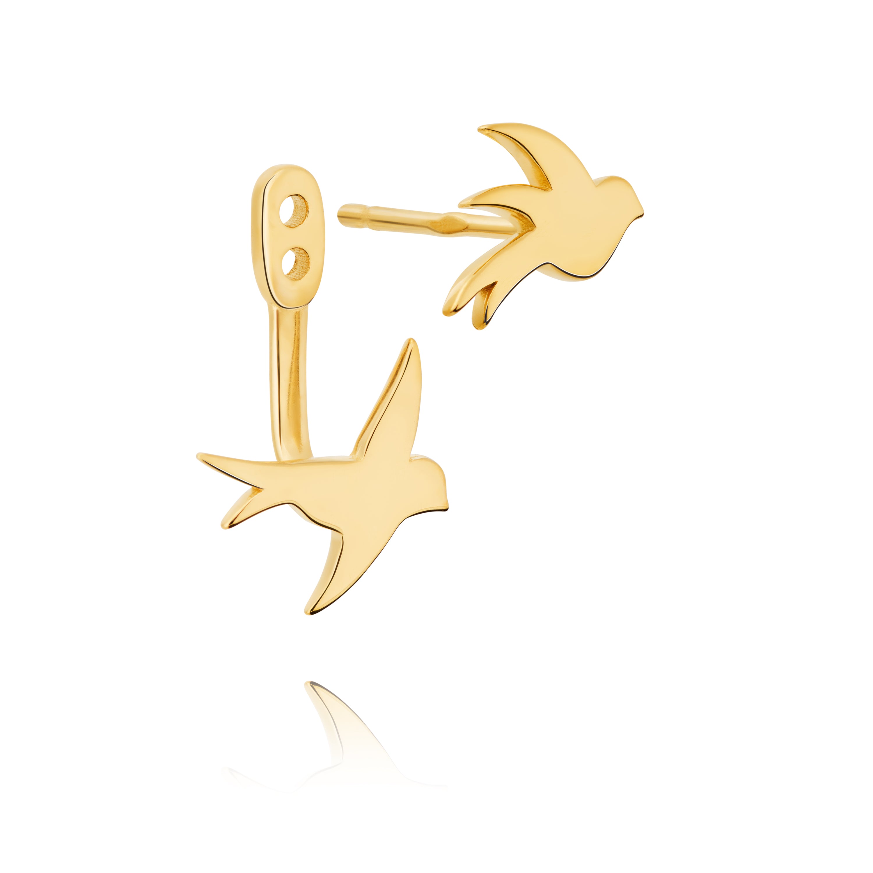 Close-up of swallow earrings showing  adjustable detail and bird design