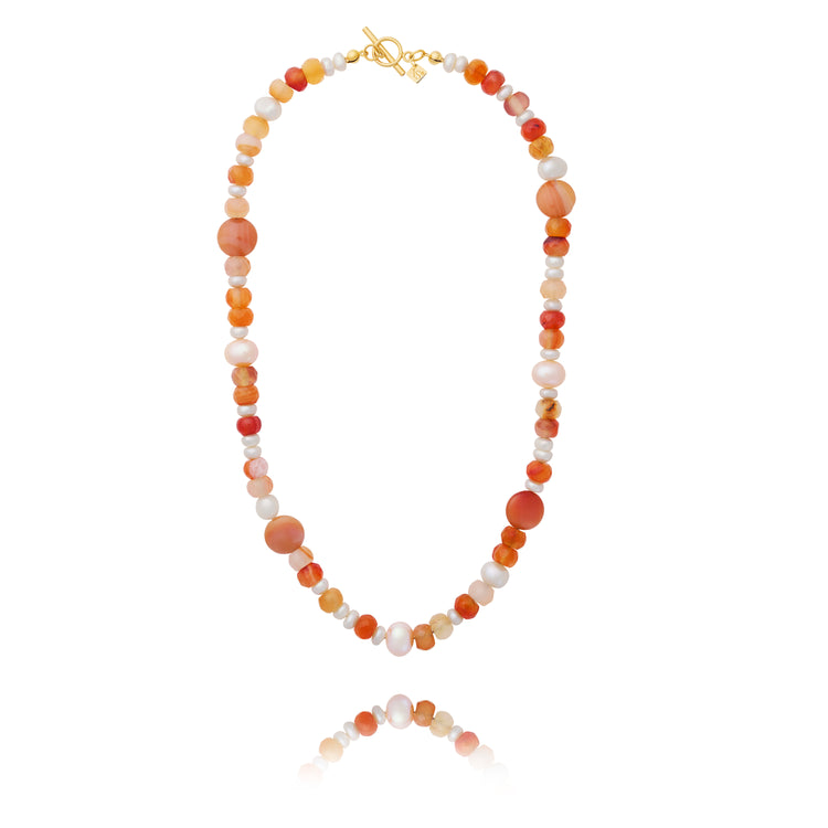 Inês Santos Jewellery - gemstone jewelry - 18K Gold Vermeil Orange Moonstone and Fresh Water Pearl Beaded Necklace
