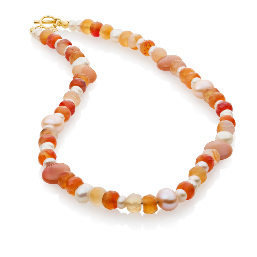 Inês Santos Jewellery - gemstone jewelry - 18K Gold Vermeil Orange Moonstone and Fresh Water Pearl Beaded Necklace