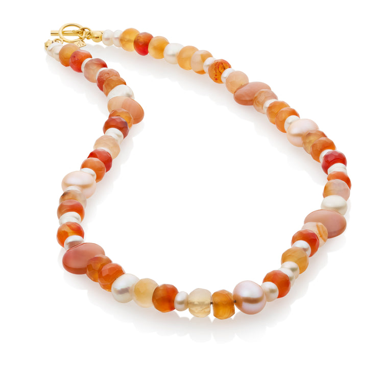 Inês Santos Jewellery - gemstone jewelry - 18K Gold Vermeil Orange Moonstone and Fresh Water Pearl Beaded Necklace
