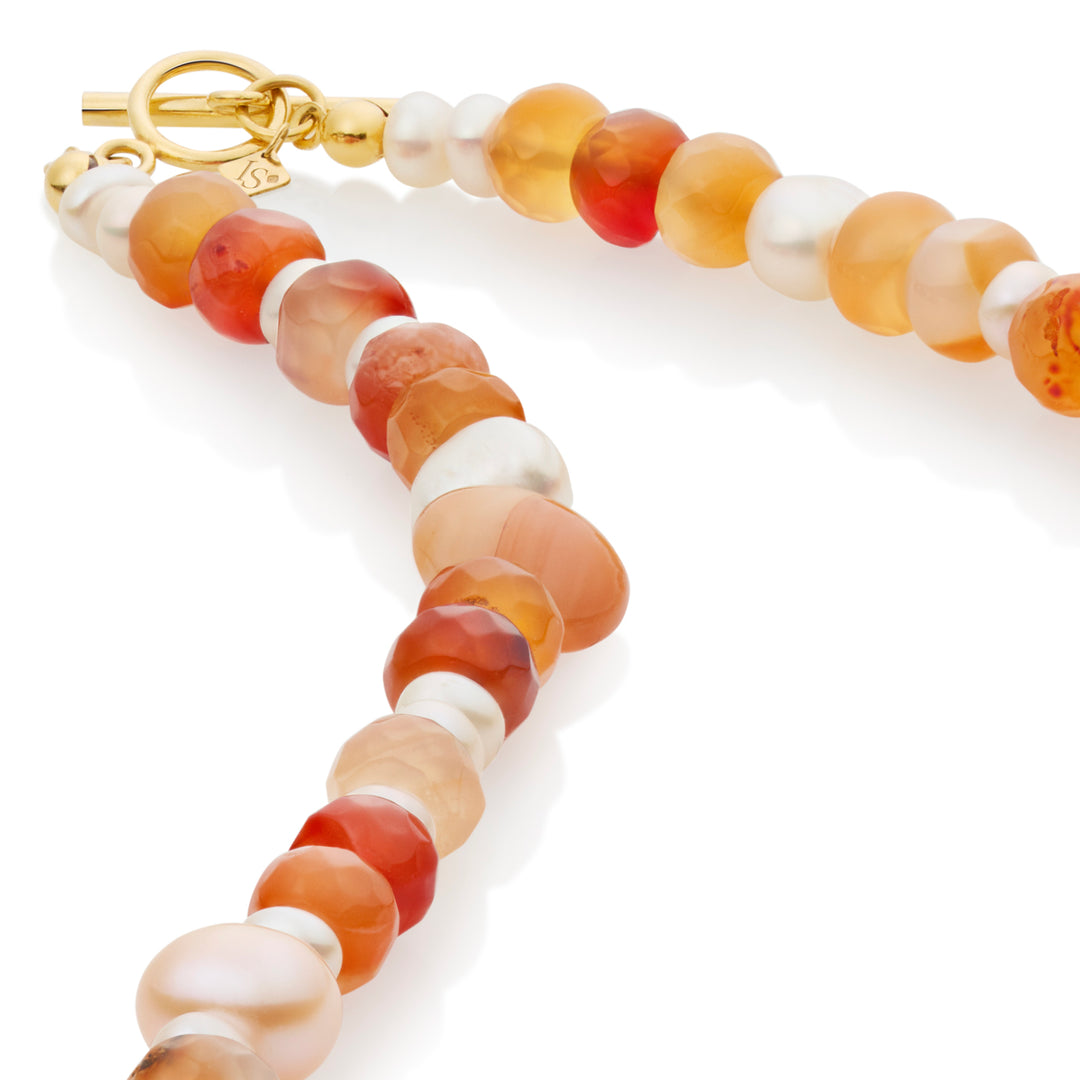 Inês Santos Jewellery - gemstone jewelry - 18K Gold Vermeil Orange Moonstone and Fresh Water Pearl Beaded Necklace