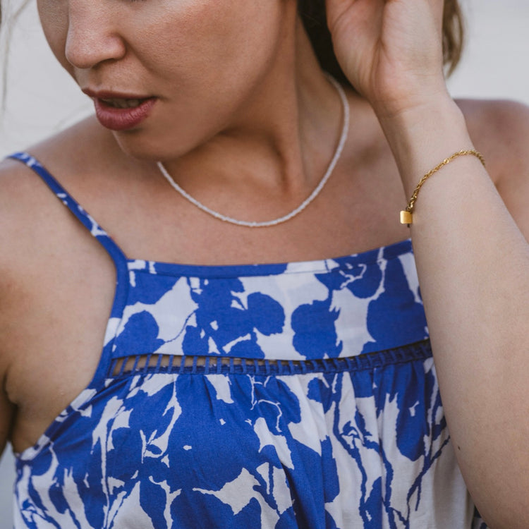 Pearl Obsession mini freshwater pearl necklace styled showing dainty pearl detail