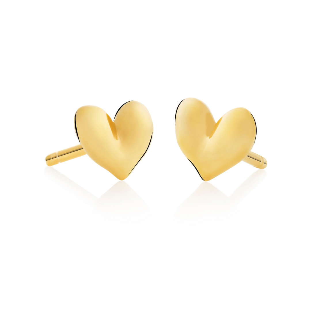 Velvet Heart Studs in 18K gold vermeil, pair of polished heart stud earrings on white background, Inês Santos Jewellery