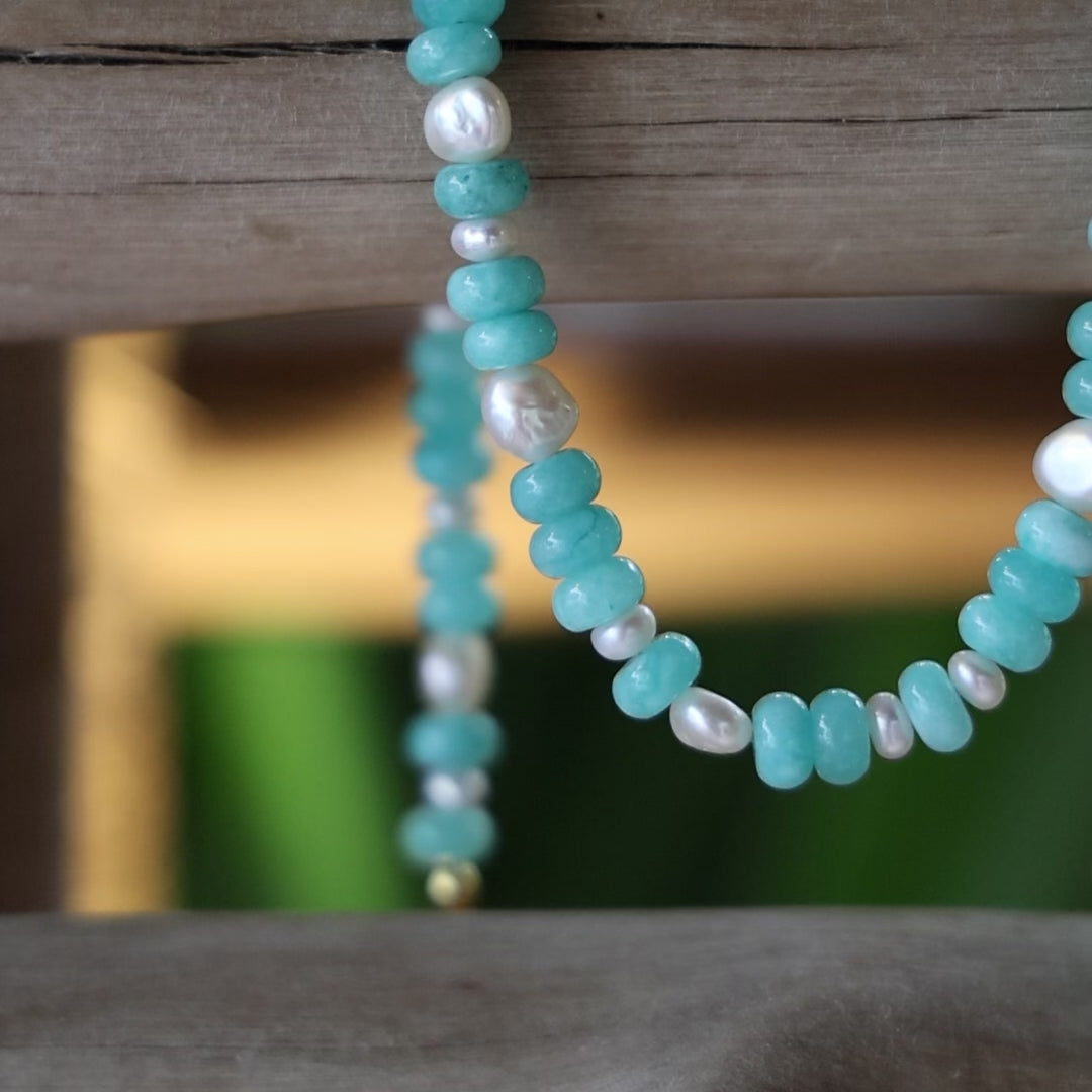 Inês Santos Jewellery - gemstone jewelry - 18K Gold Vermeil Amazonite and Fresh Water Pearl Beaded Necklace